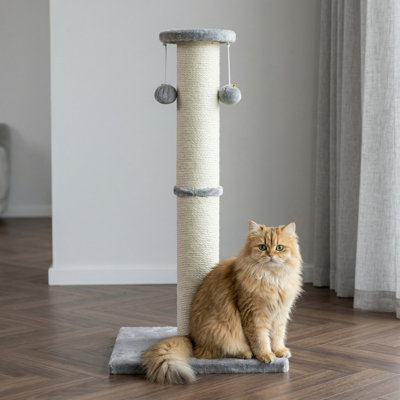 34-Inch Tall Cat Scratching Post, 4.3 Inch Diameter Large Sisal Scratcher with Ball, Sturdy for Indoor Cats, Grey