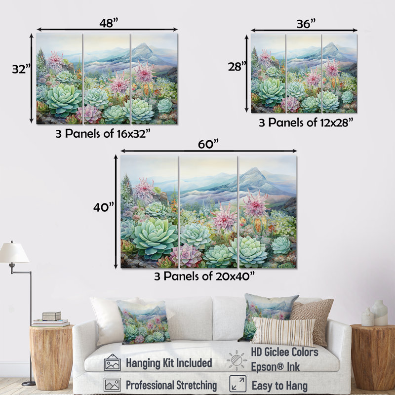 «Green Succulent Desert Charm» - ensemble de salon d'art mural, Toile tendue, H 40 po x l 60 po x P 1 po