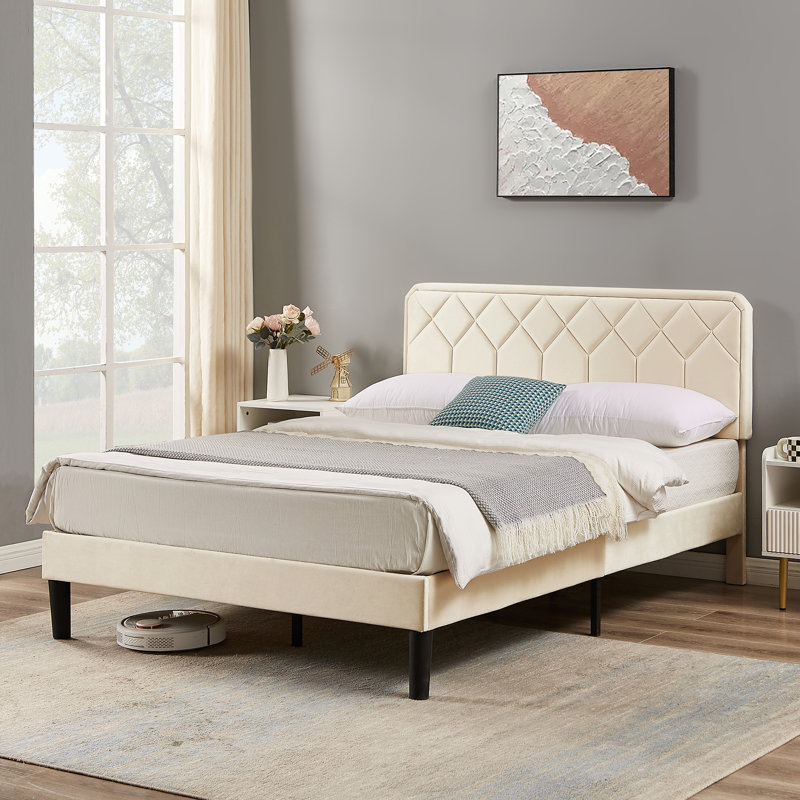 Double Size Upholstered Platform Bed Frame With Modern Adjustable Headboard, Beige