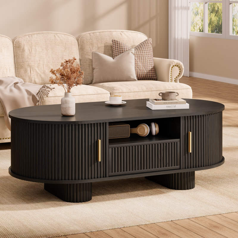 Table basse 47,2 "ovale avec rangement caché, table de centre cannelée de style Mid-Century moderne avec tiroir et portes tambour rondes