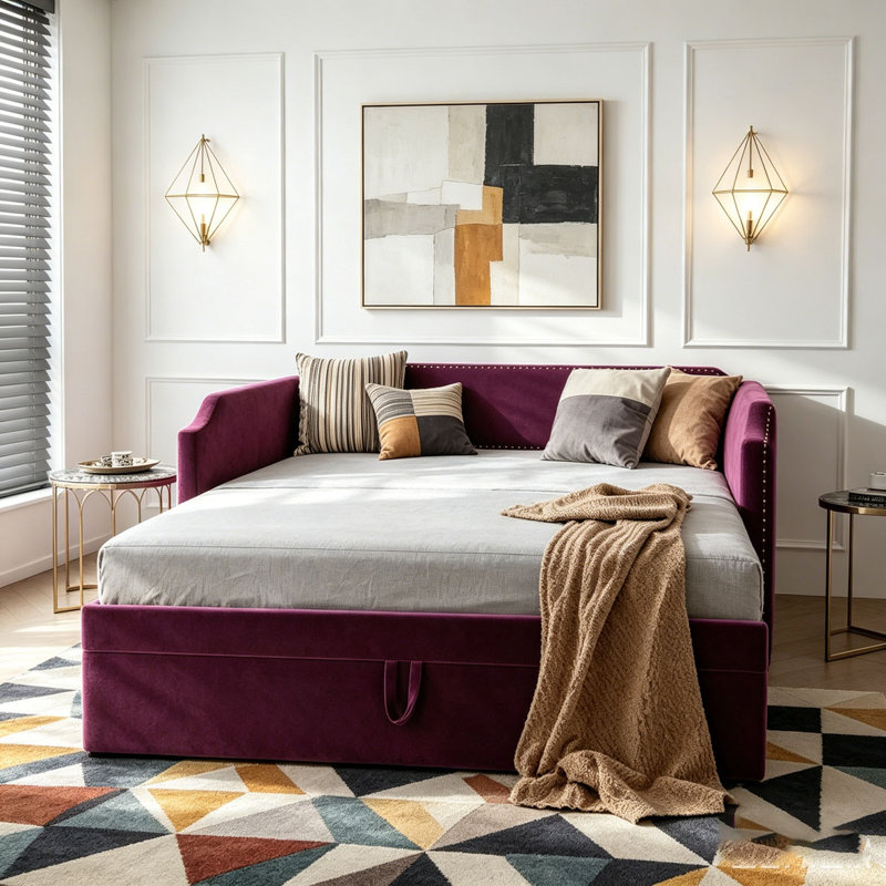 Lit de jour en velours avec lit gigogne, Wine Red