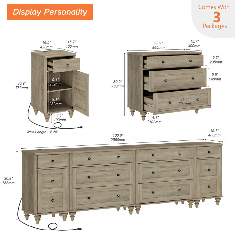 100 Inch TV Stand With 8 Drawers, TV Cabinet Entertainment Center For 75/80/85/90 Inch TV With Charging Station, Wash Gray