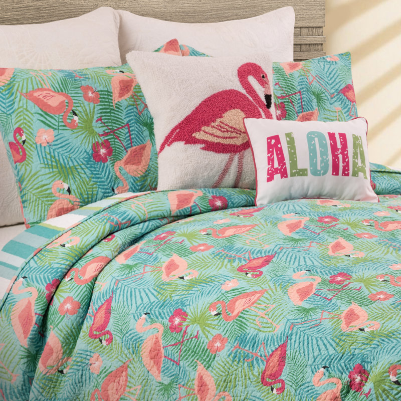 Isla Tropics Pink and Aqua Cotton Reversible Quilt Set