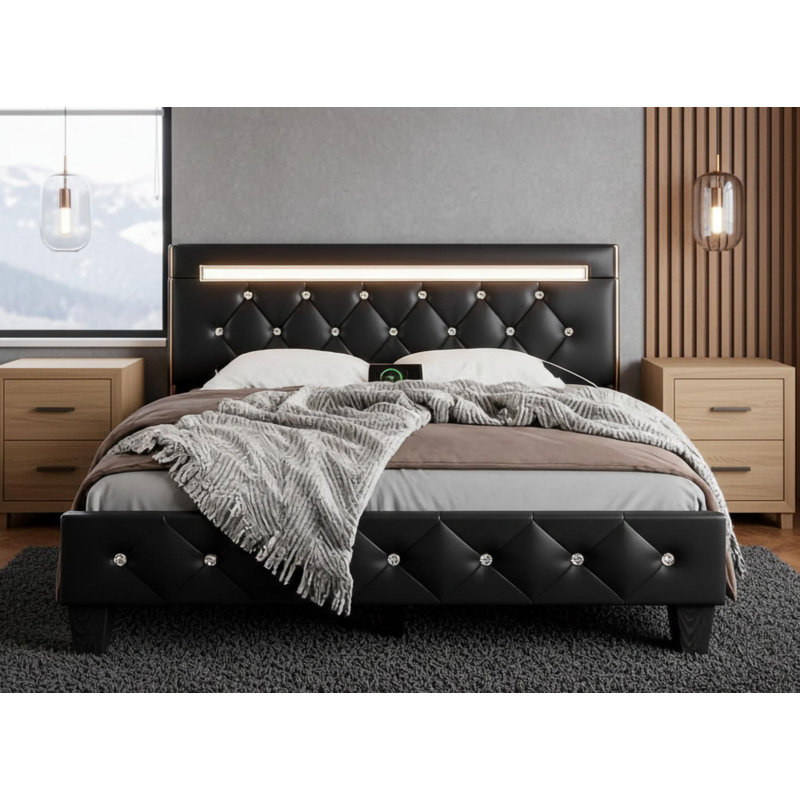 Queen Size Bed Frame With Led Light, Faux Leather Upholstered Platform Bed With Handcrafted Crystal Button Adjustable Headboard