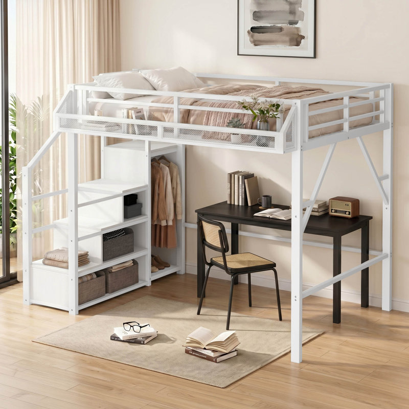 Full Metal Loft Bed with Extra-Large Storage Stairs and Reversible Staircase, White Wood