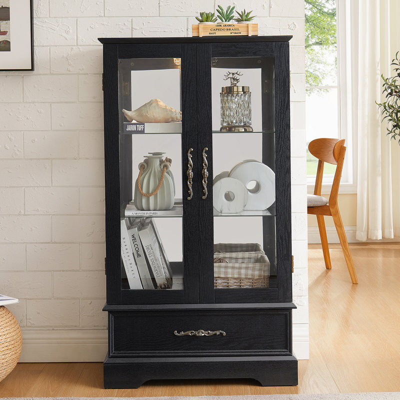 Lighted Glass Curio Cabinet With Bulb, 2-Door Display Cabinet With Drawer And Adjustable Shelves, Black