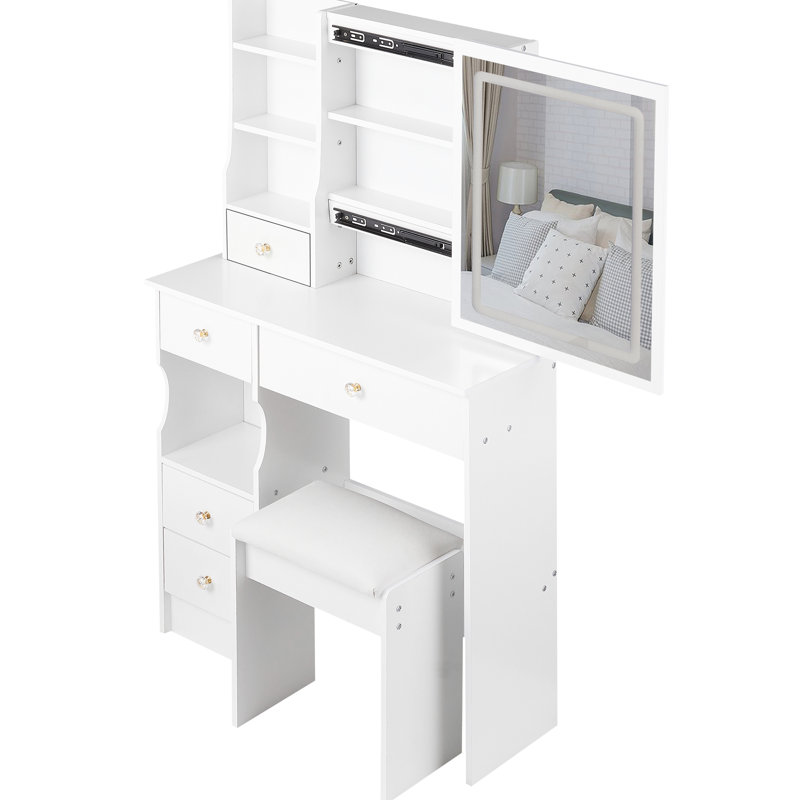 Small - Sized Vanity Table With 29.2" Left Drawer, Cushioned Stool, Touch Operated Tri Color Brightness Adjustable Led Mirror, Ideal For Little In Bedrooms Drawer Desktop And Controlled Switching,