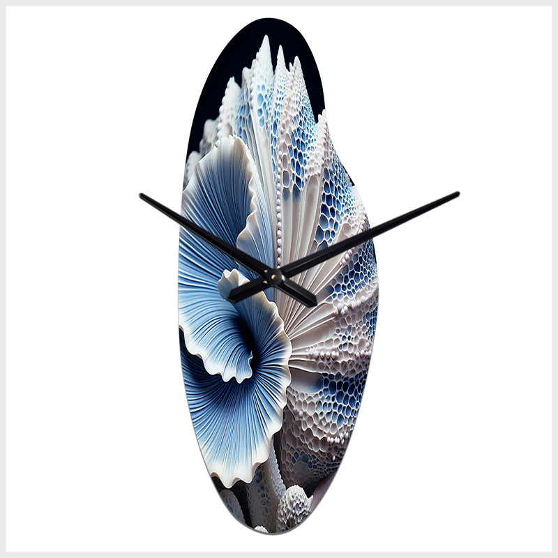 Blue Seashell Symphony - horloge murale asymétrique en métal coquillage, horloge murale incurvée en métal bleu, Moyenne