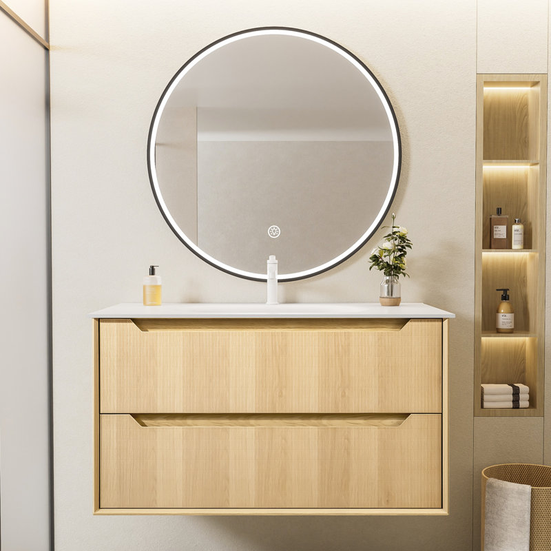 Meuble-lavabo flottant de 40 po avec lavabo, pré-assemblé, façade en chêne naturel à texture quadrillée, bois massif multicouche, fixation murale, plateau en pierre blanche, 2 tiroirs à fermeture en douceur