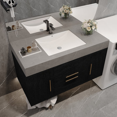 Meuble-lavabo simple flottant avec comptoir en faux marbre, lavabo en céramique, tiroirs et armoires pour des salles de bain fonctionnelles et élégantes