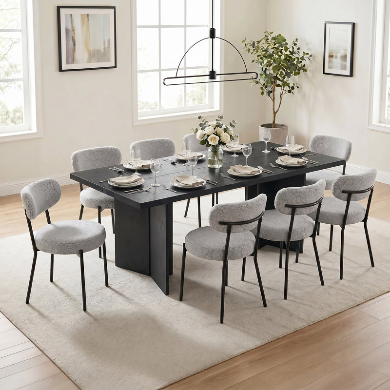 Table de salle à manger rectangulaire en bois Alyria de 63 po avec 8 chaises de salle à manger en cuir bouclé Sherpa, Black