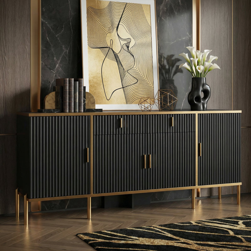 60" Fluted Sideboard Buffet Cabinet & TV Stand with Gold Legs, Modern Storage Console for TVs up to 65", Black