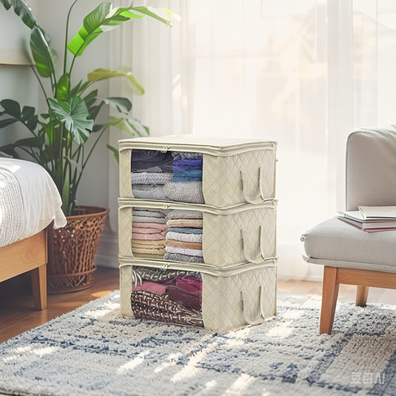 3 pièces Boîte de rangement pliante non tissée Sac de rangement pour courtepointe Boîte de rangement pour vêtements, Beige