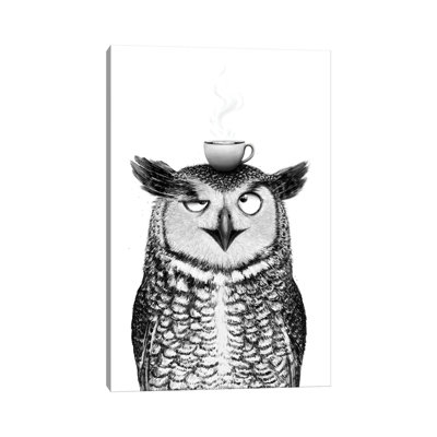 Hibou avec cappuccino - reproduction d'art murale - toile tendue