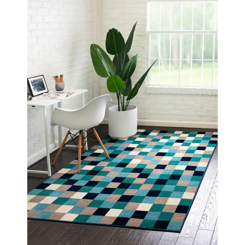 Tapis bleu / brun / crème tissé à la machine Analiese, Rectangle 7 pi 10 po x 10 pi