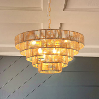 Chandelier - Luminaire suspendu moderne en corde de chanvre tissée à 5 couches de 24 po de diamètre, style bohème