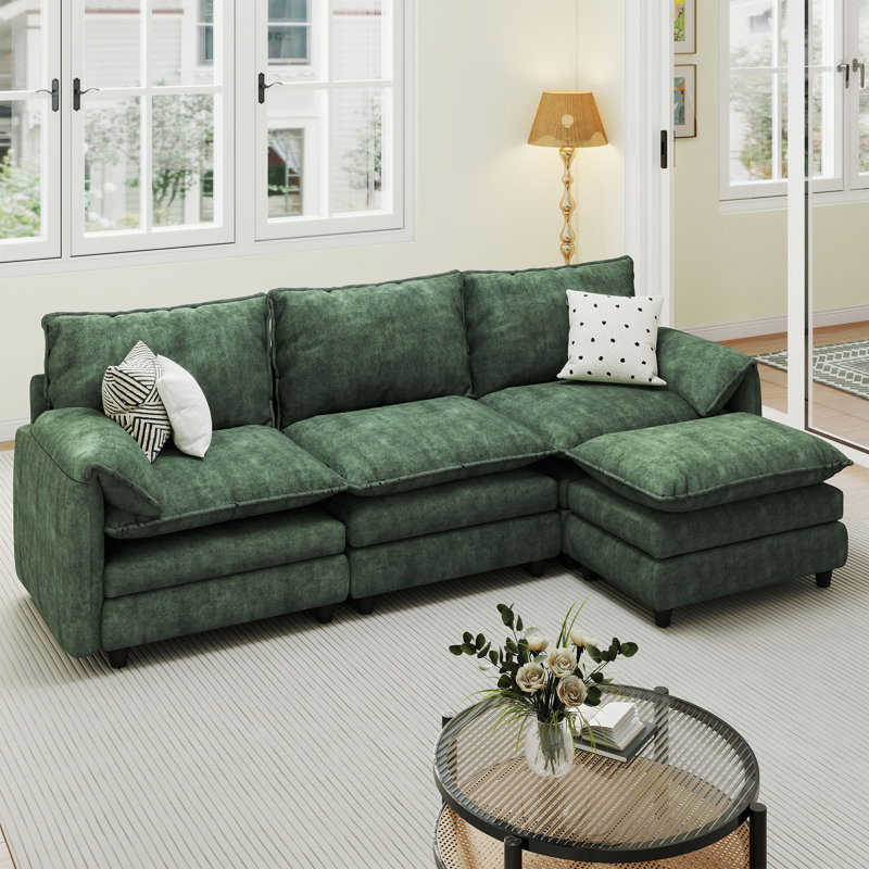  4-Piece 106''W Velvet Upholstered Reversible L-Shape Sectional Sofa, Modular Sleeper Couch With Ottoman, Green Velvet