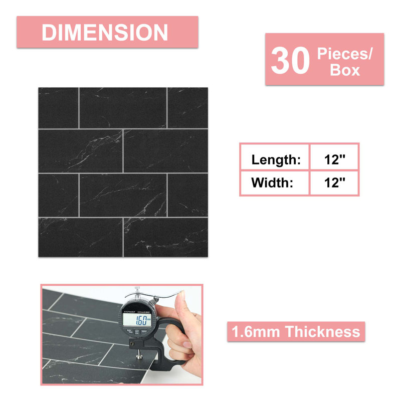 12 In. X 12 In. Vinyl Peel And Stick Backsplash Tile, Wall Subway Tile In White For Kitchen And Bathroom, Black