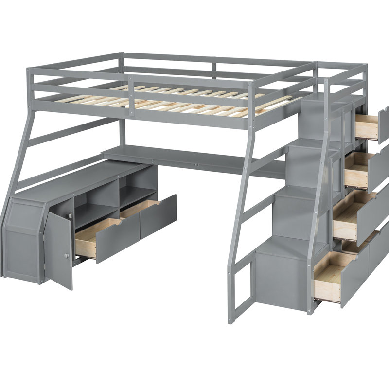 Lit mezzanine double gris avec 7 tiroirs, 2 tablettes et un bureau - Design unique pour chambre à coucher
