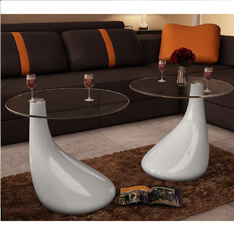 Coffee Table End Table Living Room Side Table with Round Glass Top, White
