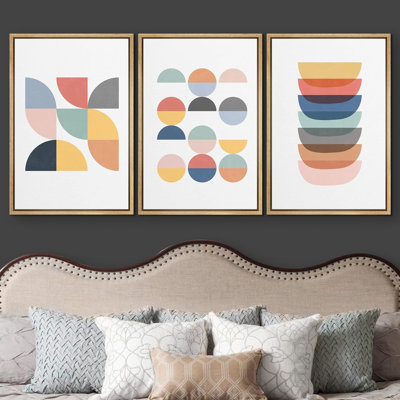 «Multicolor Pastel Semi Circles And Polygons Abstract Shapes Modern Nordic Mid-Century on Canvas», reproduction de 3 pièces