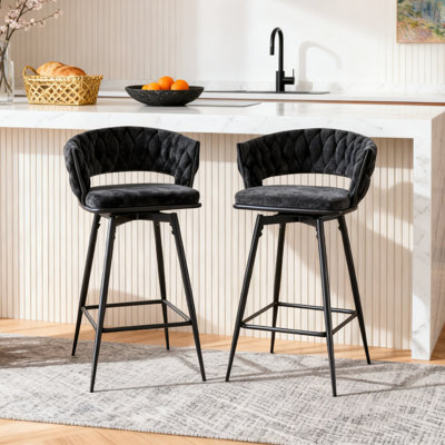 Ensemble de 2 tabourets de bar pivotants, coussins en lin gris foncé, structure en métal noir, hauteur comptoir / bar | Idée de cadeau