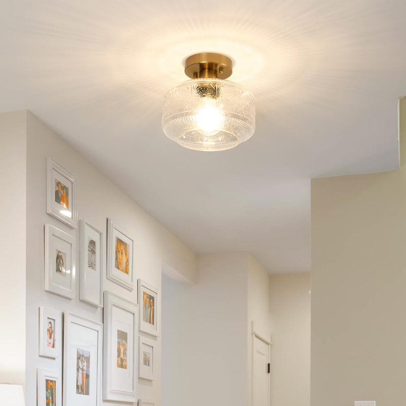 Semi Flush Mount Ceiling Light, Vintage Small Ceiling Light Fixture, Thickened Glass Hallway Lighting Fixture, Brass Kitchen Ceiling Mount Light