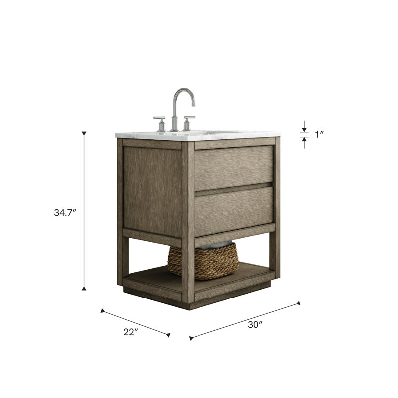 Oakman 30 In. Double Sink Carrara White Marble Countertop Bath Vanity In Grey Oak With Rectangular Mirror