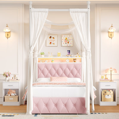 3-Piece Canopy Bed Set – LED Headboard with USB/Type-C Charging, Heavy Duty Metal Frame, Removable Posts + 2 Matching Nightstands