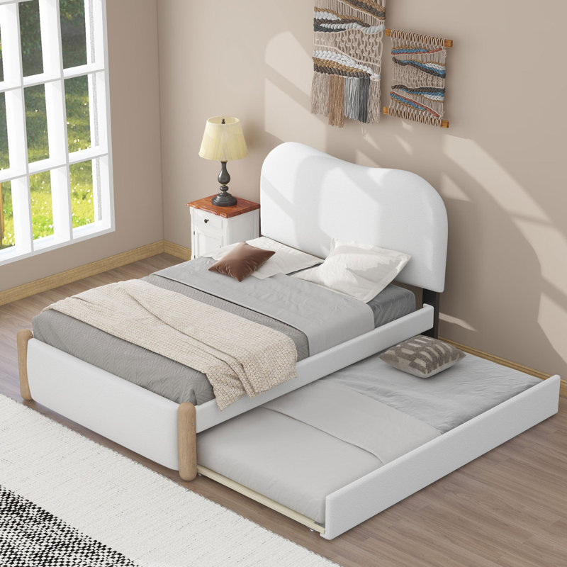 Upholstered Platform Bed With Trundle, Twin, White