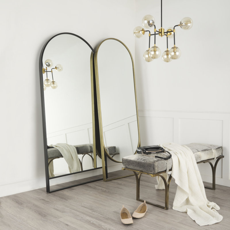 Alsen Solid Wood Rectangle Floor Mirror, Antique Gold