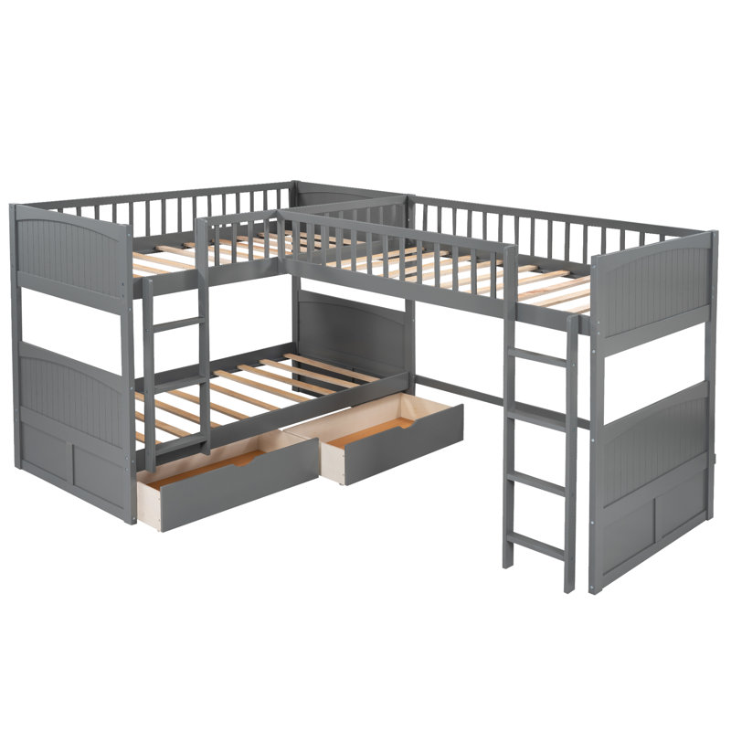 Gennifer Kids Twin Over Twin Bunk Bed with Drawers, Gray, L - Shaped Bunk Bed