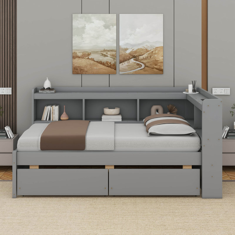 Lit simple en forme de L avec bibliothèques avec prises de courant, USB et deux tiroirs, Gris