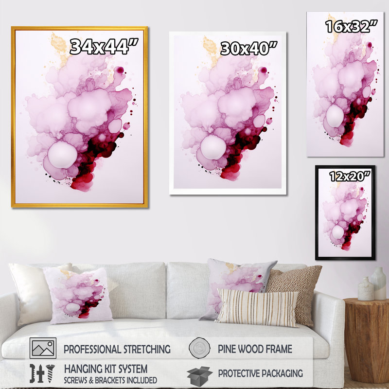 Exquisite Fluidity Magenta Ink Clouds - Print on Canvas, 32" H x 24" W x 1" D, White Single Picture Framed