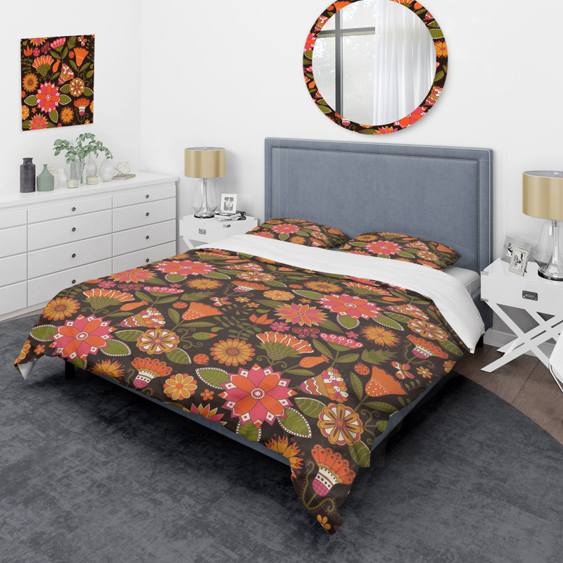 Ensemble de housse de couette orange à motif floral et feuille verte - Cabin & Lodge