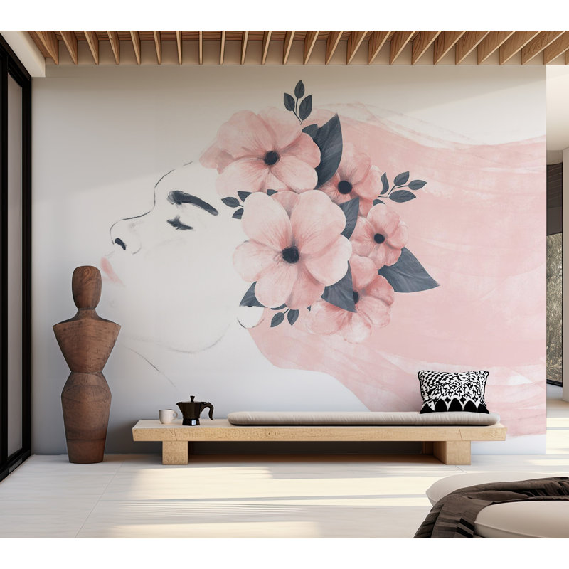 Murale abstraite - Femme avec des fleurs, L 110 po x l 154 po, Peler et coller