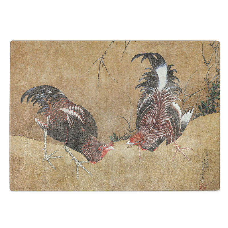 Glass Gamecocks by Katsushika Hokusai Chopping Board, 39 cm W x 28.5 cm L