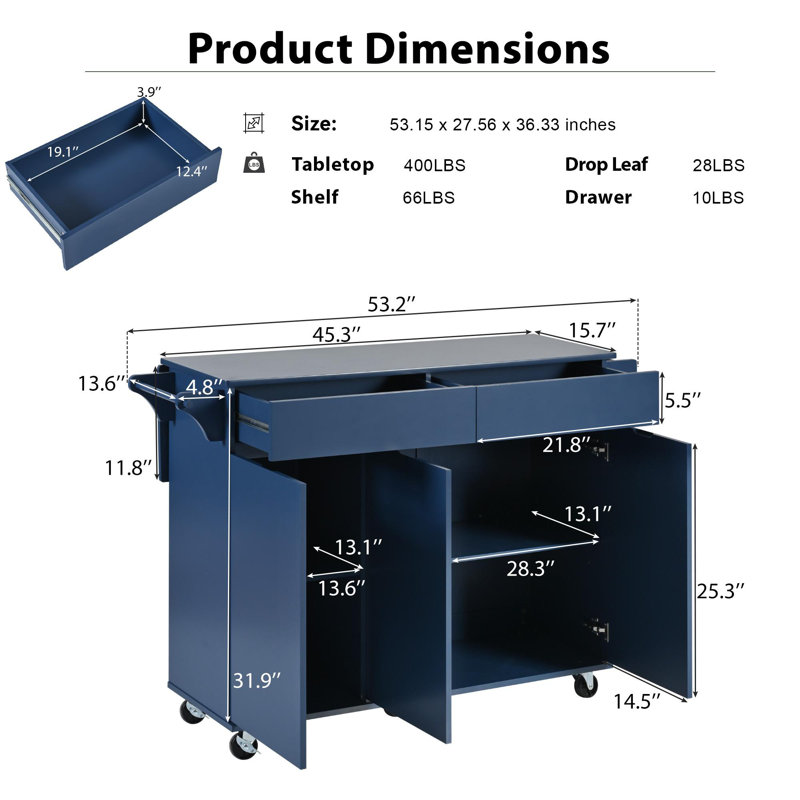 Kitchen Island with Drop Leaf, Navy Blue