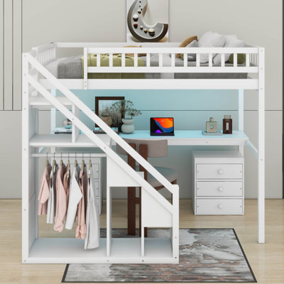 Lit mezzanine simple avec tiroirs, bureau et lumière