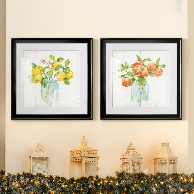 Lemon Branches - 2 Piece Painting, White, 18.5" H x 18.5" W x 1" D, Black Framed Paper