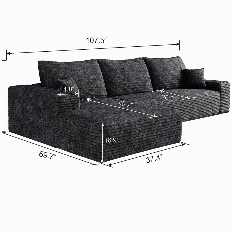 Canapé modulaire 107 po avec méridienne en L 107 po, canapé modulaire moderne avec assise profonde, canapé rembourré pour la chambre à coucher du salon, aucun assemblage requis (tissu en velours côtelé moelleux)