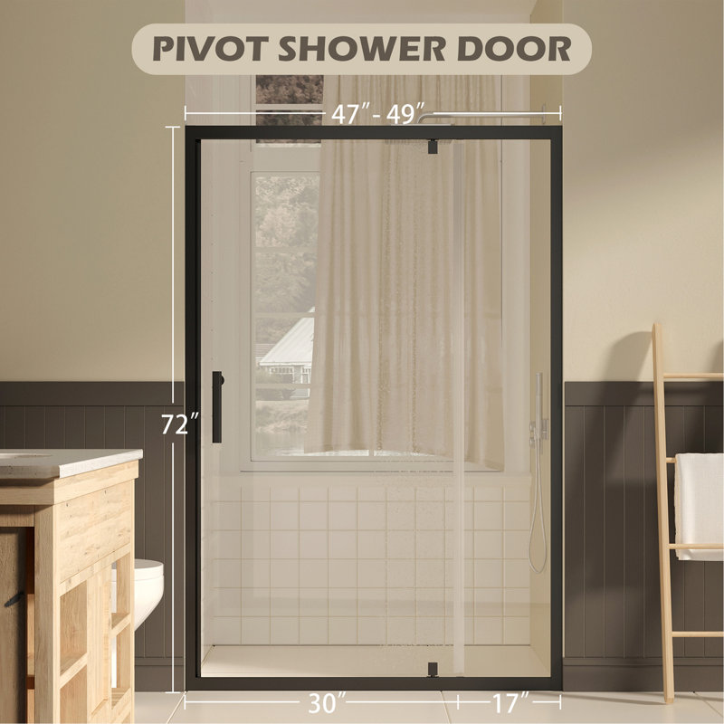 47-49" W ×72" H Pivot Shower Door, 1/4"(6mm) SGCC Clear Tempered Glass Shower Door with Explosion Film, Nano Easy-Clean Coating, Reversible Installation, Matte Black