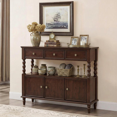 Allensby 3-Tier Storage Cabinet with 3 Drawers, Open Shelf & 3-Door Cabinet, Real Wood Veneer & Solid Wood Legs for Living Room or Entryway