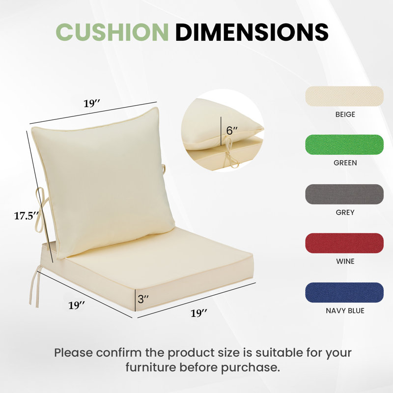 Outdoor 19 x 19 x 3.5 Inch High-Density Foam Cushion Set with Water-Repellent & UV-Resistant Cover for Outdoor Seat, Khaki