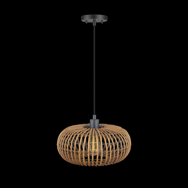 Matte Black Drum Pendant Light with Rattan Shade