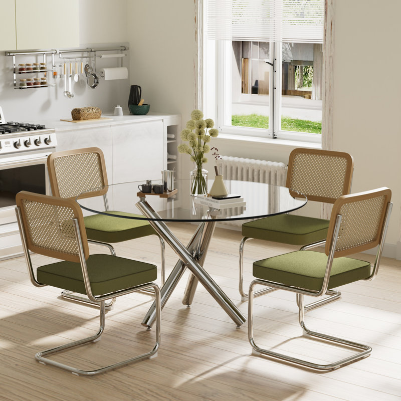 Elegant Round Glass Dining Table Set, 30"H x 47"L x 47"W, Green/Silver, 5