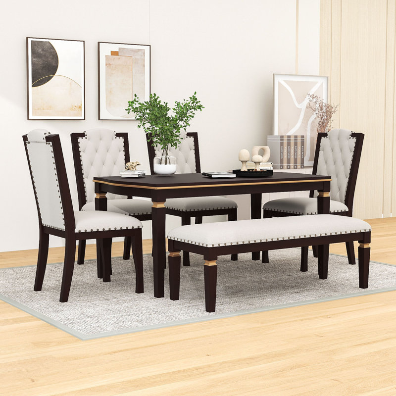 Averielle 6-Piece Kitchen Dining Table Set, Rectangular Table, 4 High-Back Tufted Chairs and 1 Bench, Espresso