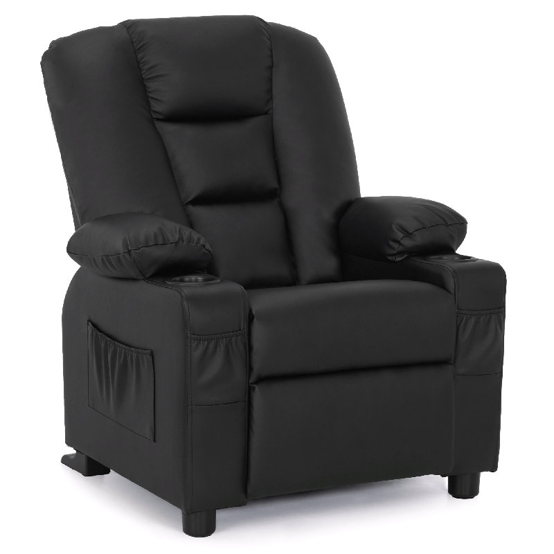 Whitson Kids Recliner Chair with  Anti-Tilt, Cup Holders, 2 Side Pockets, Faux Leather, Black