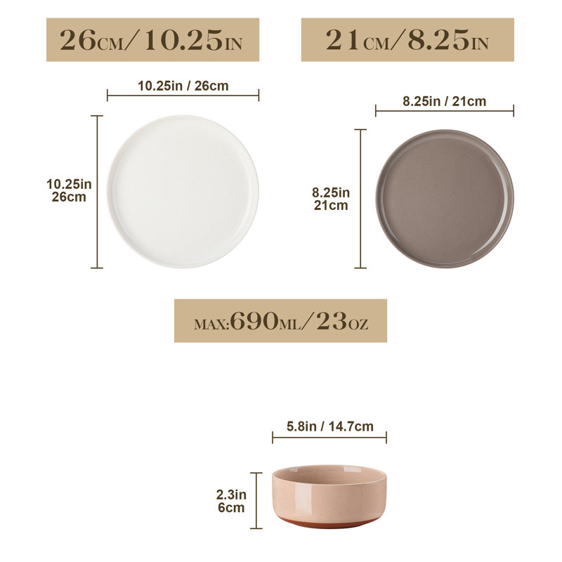24 Piece Stoneware Dinnerware Set - Service for 8, Brown;White;Grey;Pink