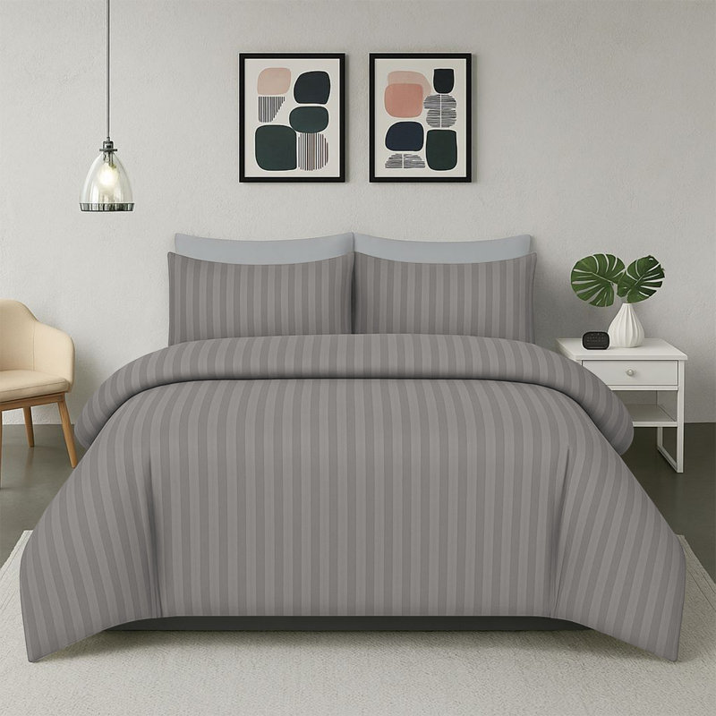 Haffa Microfiber Striped Duvet Cover Set with Pillowcases, Silver, Single Duvet Cover + 1 Standard Pillowcase